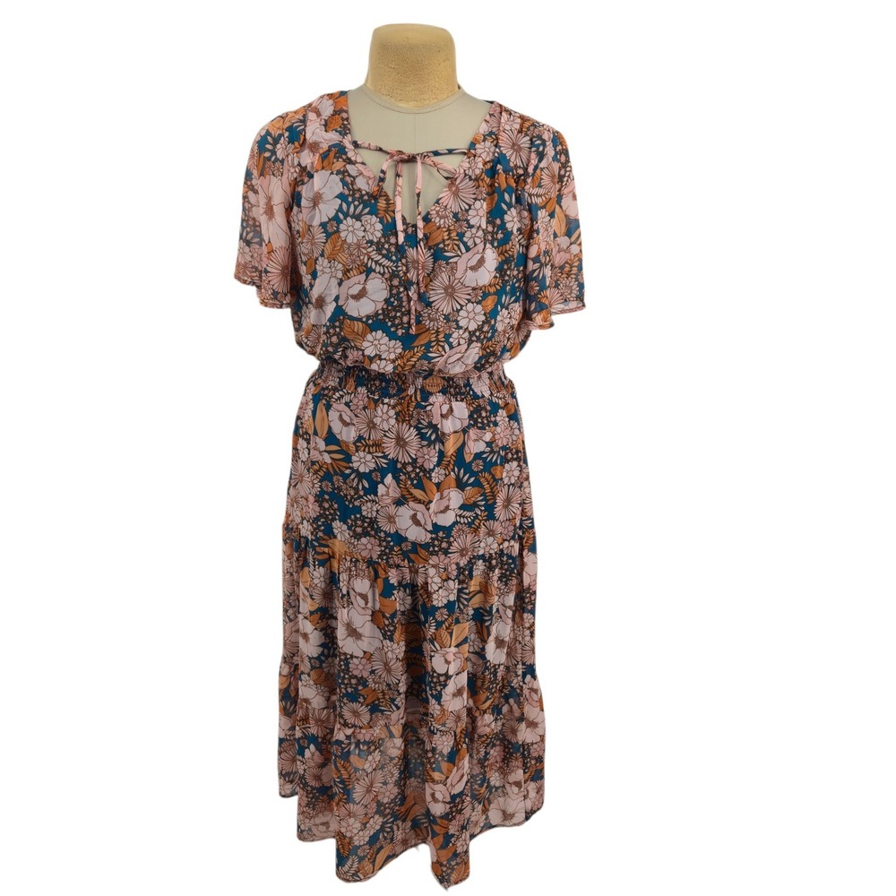 Luxology Floral Midi Dress Women Large Teal Pink Tiered Smocked Waist Boho